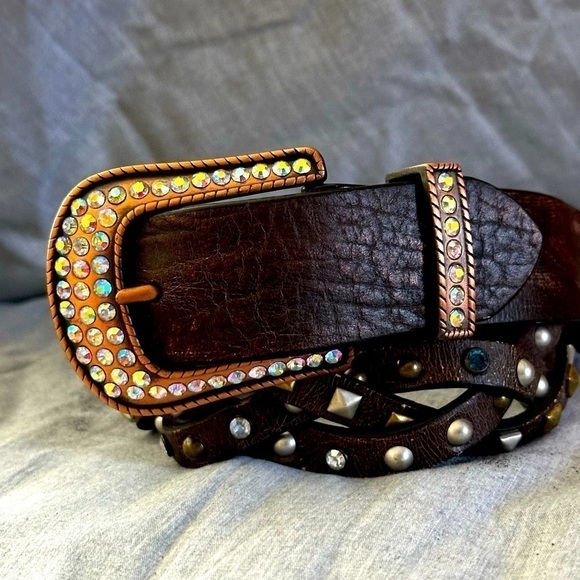 ROPER BELT Western Studded Gems Rockabilly Boho Leather Brown Distressed 26-28 - Picture 1 of 12